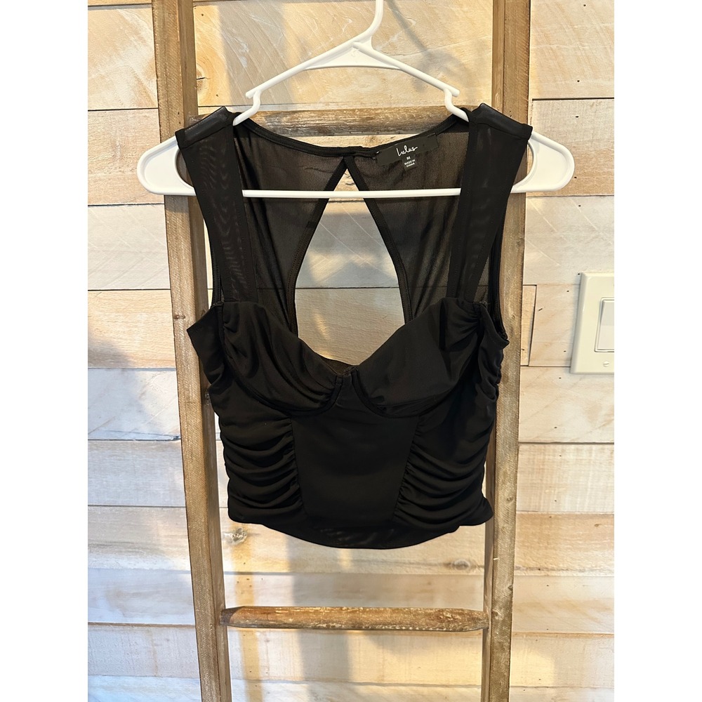 Lulus Black Mesh Ruched Bustier Crop Top Sleeveless Keyhole Back Medium